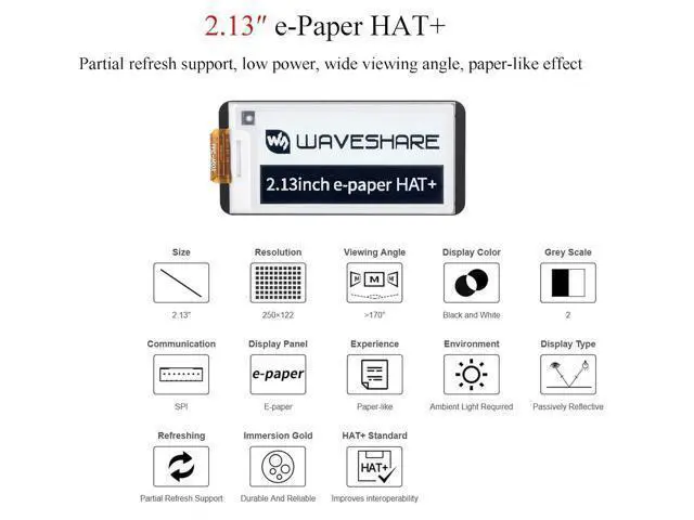 Alt view image 2 of 7 - 2.13inch E-Paper HAT+ for Raspberry Pi 5/ 4B/3B+/3B/2B/A+/Zero W/WH/Zero 2 W/Jetson Nano, E-Ink Display HAT+ Standard 250x122 Pixel SPI Interface with Pwnagotchi Tutorial Support Partial Refresh