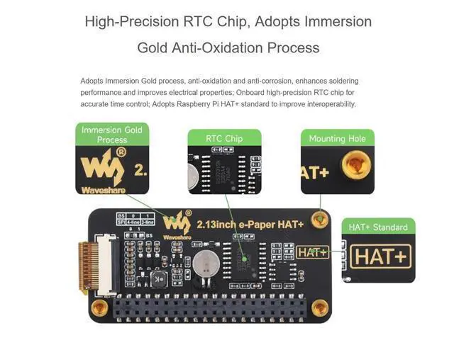 Alt view image 7 of 7 - 2.13inch E-Paper HAT+ for Raspberry Pi 5/ 4B/3B+/3B/2B/A+/Zero W/WH/Zero 2 W/Jetson Nano, E-Ink Display HAT+ Standard 250x122 Pixel SPI Interface with Pwnagotchi Tutorial Support Partial Refresh