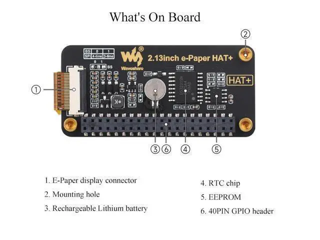 Alt view image 6 of 7 - 2.13inch E-Paper HAT+ for Raspberry Pi 5/ 4B/3B+/3B/2B/A+/Zero W/WH/Zero 2 W/Jetson Nano, E-Ink Display HAT+ Standard 250x122 Pixel SPI Interface with Pwnagotchi Tutorial Support Partial Refresh