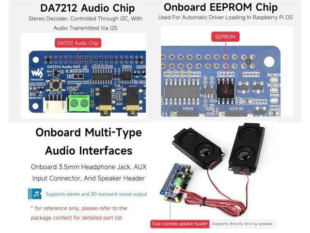 Alt view image 3 of 6 - DA7212 I2S Audio Board Compatible with Raspberry Pi 5/4/3B+/Zero 2W/Zero W, Onboard Dual Microphones, 3.5mm Headphone Jack, AUX, Speaker Header, Support Stereo Encoding/Decoding