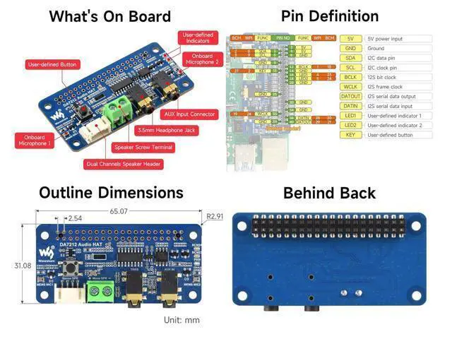 Alt view image 4 of 6 - DA7212 I2S Audio Board Compatible with Raspberry Pi 5/4/3B+/Zero 2W/Zero W, Onboard Dual Microphones, 3.5mm Headphone Jack, AUX, Speaker Header, Support Stereo Encoding/Decoding