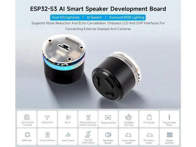 Alt view image 2 of 7 - ESP32-S3 AI Smart Speaker Development Board, Support AI Speech Interaction, Dual Digital Microphone Array, Noise Reduction and Echo Cancellation, Support External Display & Camera, No Battery