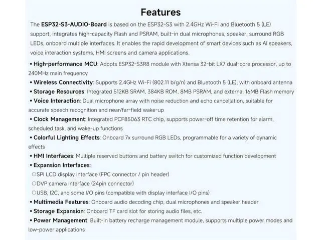 Alt view image 4 of 7 - ESP32-S3 AI Smart Speaker Development Board, Support AI Speech Interaction, Dual Digital Microphone Array, Noise Reduction and Echo Cancellation, Support External Display & Camera, No Battery