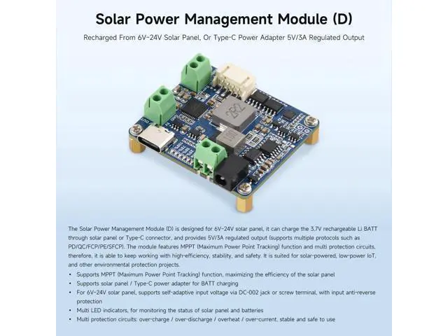 Alt view image 3 of 6 - Solar Power Manager Module (D), Solar Charge Controller USB, Supports 6V~24V Solar Panel and Type-C Power Adapter, 5V/3A Regulated Output, with Battery Holder (Batteries are Not Included)