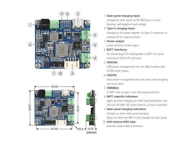 Alt view image 6 of 6 - Solar Power Manager Module (D), Solar Charge Controller USB, Supports 6V~24V Solar Panel and Type-C Power Adapter, 5V/3A Regulated Output, with Battery Holder (Batteries are Not Included)