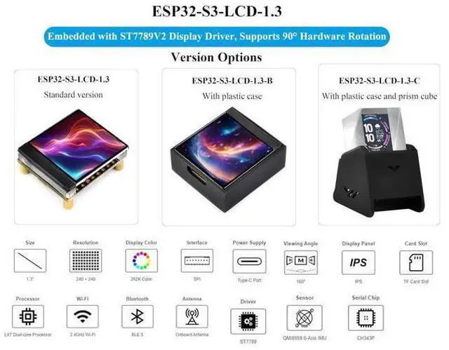 Alt view image 2 of 7 - ESP32-S3 1.3inch Display Development Board, ESP32 with Display 240x240 Pixels, Built-in ST7789V2 Chip and 6-Axis IMU, 262K Color, SPI Communication, Supports 90° Hardware Rotation, with Case