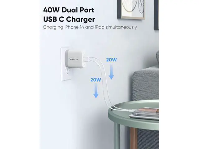 Alt view image 3 of 7 - USB C Charger Block, 40W USB C Wall Charger GaN Foldable USB C Power Adapter 2-Port (20W+20W) PD Fast Charging Block for iPhone 15/15 Pro/ 15 Pro Max/ 15 Plus/ 14/13/ 12/11, MacBook Air, iPad Pro