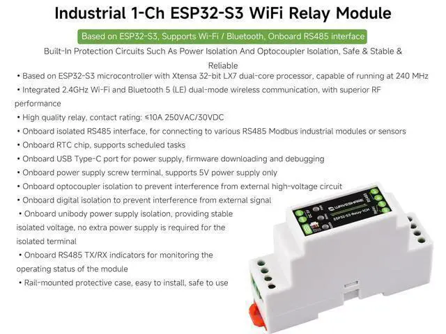 Alt view image 3 of 7 - Industrial 1-Ch ESP32-S3 WiFi Relay Module, Support RS485 and Bluetooth/WiFi Remote Control, Better for RS485 Modbus Industrial Modules or Sensors, Built-in Protection Circuits, Safe & Stable