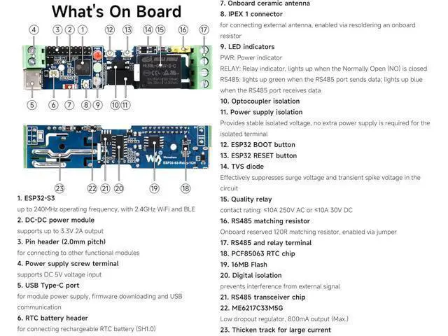 Alt view image 5 of 7 - Industrial 1-Ch ESP32-S3 WiFi Relay Module, Support RS485 and Bluetooth/WiFi Remote Control, Better for RS485 Modbus Industrial Modules or Sensors, Built-in Protection Circuits, Safe & Stable