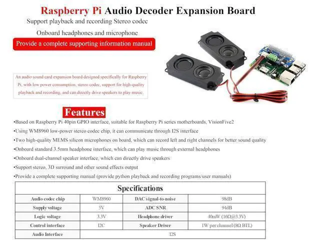 Alt view image 2 of 7 - WM8960 Audio HAT Compatible with Raspberry Pi 5/4B/3B+/3B/Pi Zero/Zero W/Pi Zero 2W/Zero 2WH/Pico W/Pico 2W, WM8960 Hi-Fi Sound Card HAT, Stereo CODEC, Hi-Fi Play/Record, Come with 8 5W Speaker