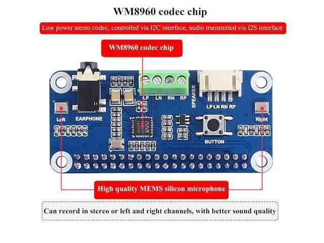 Alt view image 4 of 7 - WM8960 Audio HAT Compatible with Raspberry Pi 5/4B/3B+/3B/Pi Zero/Zero W/Pi Zero 2W/Zero 2WH/Pico W/Pico 2W, WM8960 Hi-Fi Sound Card HAT, Stereo CODEC, Hi-Fi Play/Record, Come with 8 5W Speaker
