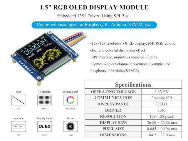Alt view image 2 of 7 - 1.5inch RGB OLED Display Module, 128x128 Pixels 16-bit High Color (65K Colors) 1351 Driver, SPI Interface, Compatible with Arduino Raspberry Pi Ardui Jetson Nano STM32,etc.