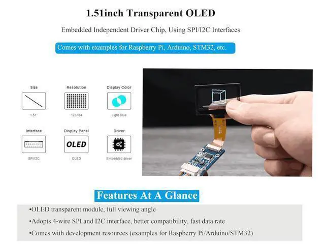 Alt view image 3 of 7 - 1.51inch Transparent OLED Compatible with Raspberry Pi 5/4B/3B+/3B/A+/Pi Zero W/Pi Zero 2W, 128 x 64 Resolution, SPI/I2C Interfaces, Embedded Independent Driver Chip, Light Blue Color Display