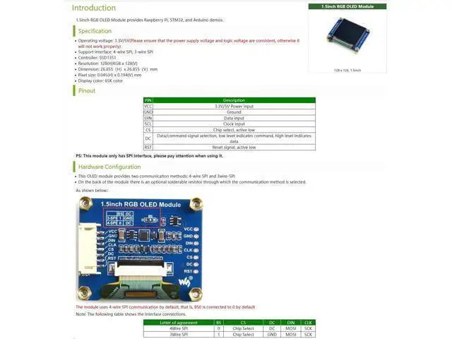 Alt view image 4 of 7 - 1.5inch RGB OLED Display Module, 128x128 Pixels 16-bit High Color (65K Colors) 1351 Driver, SPI Interface, Compatible with Arduino Raspberry Pi Ardui Jetson Nano STM32,etc.