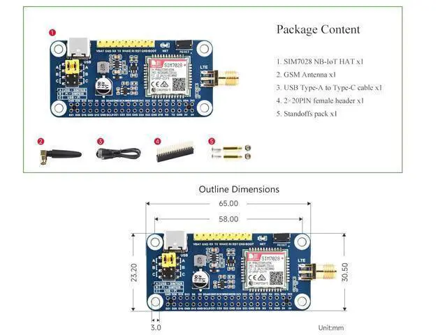 Alt view image 7 of 7 - SIM7028 NB-IoT HAT with GSM Antenna Onboard 40PIN GPIO Header for Raspberry Pi 5/4B/3B+/3B/2B/Zero/Zero 2W/Jetson Nano,etc, Supports Global Band NB-IoT Communication, 2400bps ~ 460900bps Baudrate