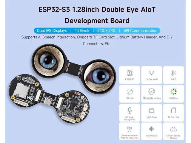 Alt view image 2 of 7 - ESP32-S3 1.28inch Double Eye Round LCD AIoT Development Board, Dual 1.28inch IPS Displays, Dual-Core 240MHz Processor, Supports Wi-Fi & Bluetooth 5 & AI Speech Interaction, Onboard DIY Connectors