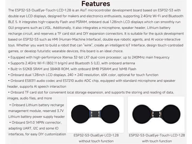 Alt view image 3 of 7 - ESP32-S3 1.28inch Double Eye Round LCD AIoT Development Board, Dual 1.28inch IPS Displays, Dual-Core 240MHz Processor, Supports Wi-Fi & Bluetooth 5 & AI Speech Interaction, Onboard DIY Connectors