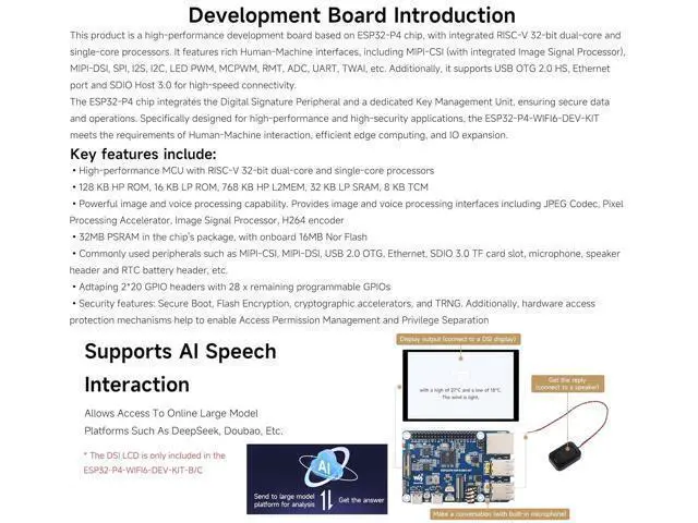 Alt view image 5 of 7 - ESP32-P4-WIFI6-DEV-KIT Dev Board, Based On ESP32-P4 and ESP32-C6, Supports Wi-Fi 6 and Bluetooth 5 / BLE 5, Rich Human-Machine Interfaces, Supports AI Speech Interaction, Comes with Speaker