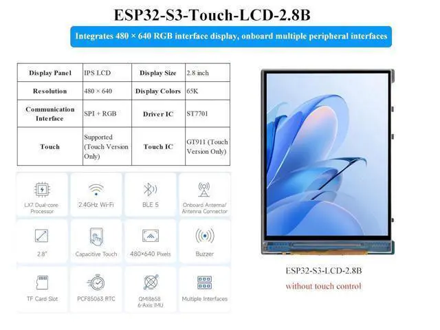 Alt view image 3 of 7 - ESP32-S3 2.8inch Display Development Board, 480×640, IPS LCD, 32-bit LX7 Dual-Core Processor, Supports W-F-i & Blue-Too-th, ESP32 with Display (No Touch)