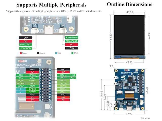 Alt view image 6 of 7 - ESP32-S3 2.8inch Display Development Board, 480×640, IPS LCD, 32-bit LX7 Dual-Core Processor, Supports W-F-i & Blue-Too-th, ESP32 with Display (No Touch)