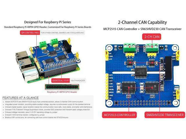 Alt view image 4 of 7 - 2-Channel Isolated CAN Bus Expansion HAT for Raspberry Pi 4B/3B+/3B/2B/B+/A+/Zero/Zero W, MCP2515 + SN65HVD230 Dual Chips Solution Allow 2-CH CAN Communication Onboard Multi Protection Circuits