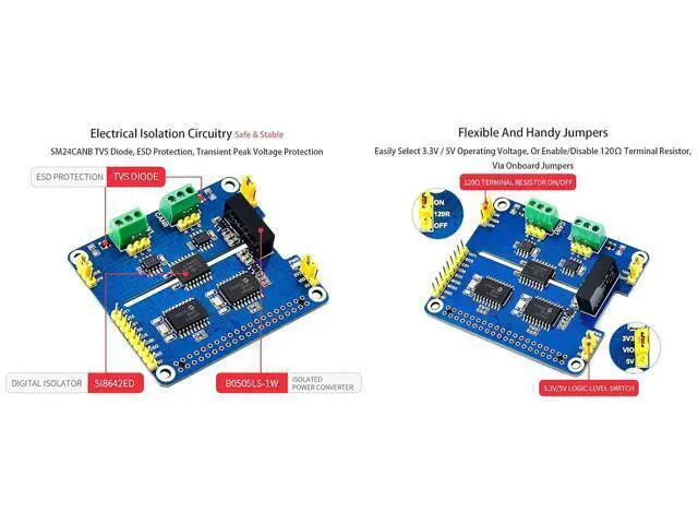 Alt view image 5 of 7 - 2-Channel Isolated CAN Bus Expansion HAT for Raspberry Pi 4B/3B+/3B/2B/B+/A+/Zero/Zero W, MCP2515 + SN65HVD230 Dual Chips Solution Allow 2-CH CAN Communication Onboard Multi Protection Circuits