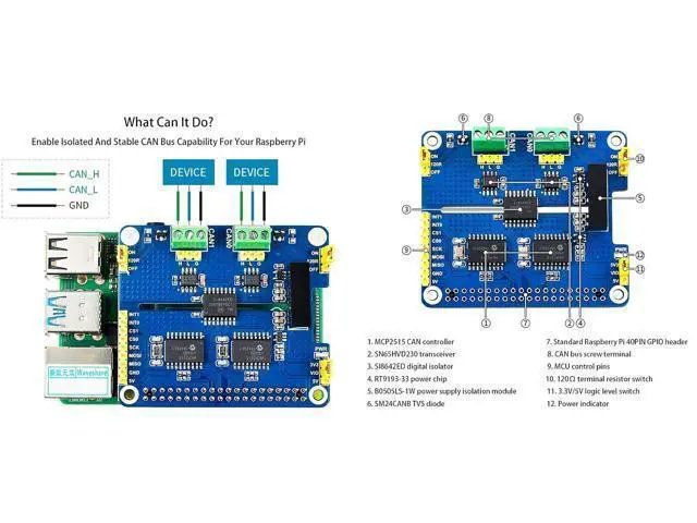 Alt view image 6 of 7 - 2-Channel Isolated CAN Bus Expansion HAT for Raspberry Pi 4B/3B+/3B/2B/B+/A+/Zero/Zero W, MCP2515 + SN65HVD230 Dual Chips Solution Allow 2-CH CAN Communication Onboard Multi Protection Circuits