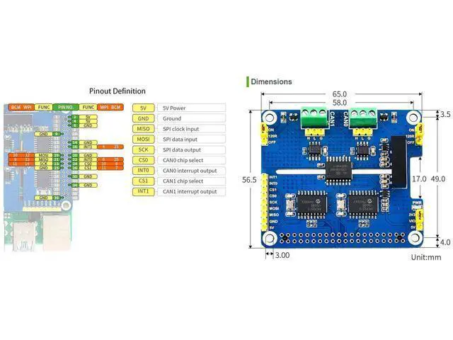 Alt view image 7 of 7 - 2-Channel Isolated CAN Bus Expansion HAT for Raspberry Pi 4B/3B+/3B/2B/B+/A+/Zero/Zero W, MCP2515 + SN65HVD230 Dual Chips Solution Allow 2-CH CAN Communication Onboard Multi Protection Circuits