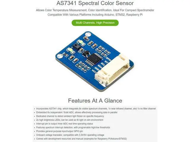 Alt view image 2 of 7 - waveshare AS7341 Spectral Color Sensor with Spectral Identification and Color Matching Function, Multi Channels, I2C Control Interface, Compatible with Arduino/Raspberry Pi /STM32