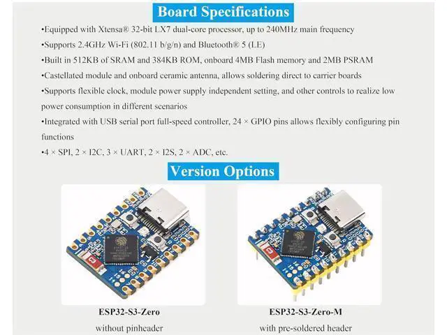 Alt view image 3 of 7 - 3PCS ESP32-S3 Mini Development Board with Pre-Soldered Header, Based on ESP32-S3FH4R2 Processor, 240MHz Running Frequency, Support 2.4GHz Wi-Fi & Bluetooth 5, Onboard 4MB Flash Memory