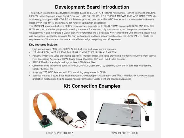 Alt view image 4 of 7 - ESP32-P4-ETH High-Performance Development Board, Based On ESP32-P4, with 100 Mbps RJ45 Ethernet Port, with Pre-Solder Pin Headers, Bundle with a PoE Module, 3 Items