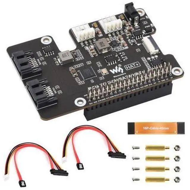 Main image of PCIe to 2-Ch SATA Adapter, Compatible with Raspberry Pi 5, Supports SATA Hard Drive Protocol, Onboard Dual LED Indicators and EEPROM, HAT + Standard, Driver-Free, Plug and Play