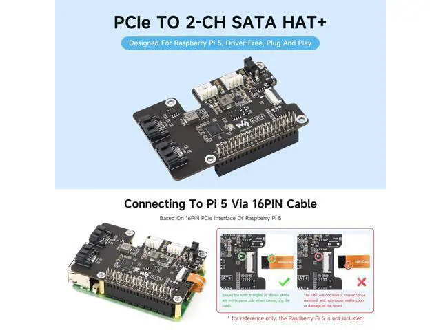 Alt view image 3 of 5 - PCIe to 2-Ch SATA Adapter, Compatible with Raspberry Pi 5, Supports SATA Hard Drive Protocol, Onboard Dual LED Indicators and EEPROM, HAT + Standard, Driver-Free, Plug and Play