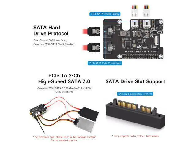 Alt view image 4 of 5 - PCIe to 2-Ch SATA Adapter, Compatible with Raspberry Pi 5, Supports SATA Hard Drive Protocol, Onboard Dual LED Indicators and EEPROM, HAT + Standard, Driver-Free, Plug and Play