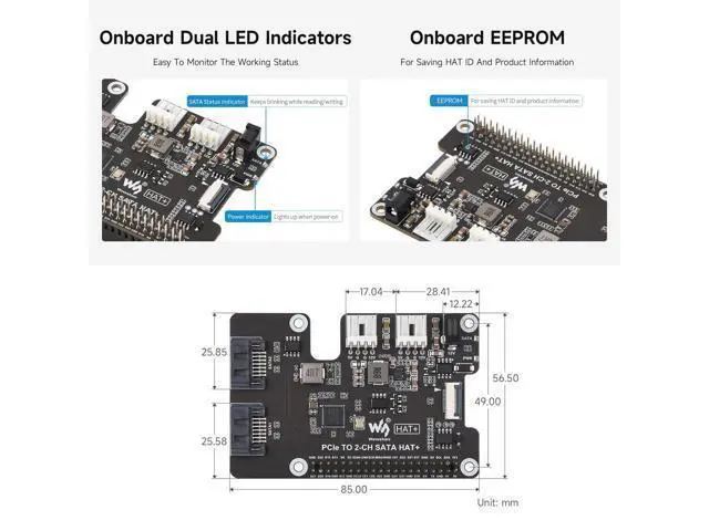 Alt view image 5 of 5 - PCIe to 2-Ch SATA Adapter, Compatible with Raspberry Pi 5, Supports SATA Hard Drive Protocol, Onboard Dual LED Indicators and EEPROM, HAT + Standard, Driver-Free, Plug and Play