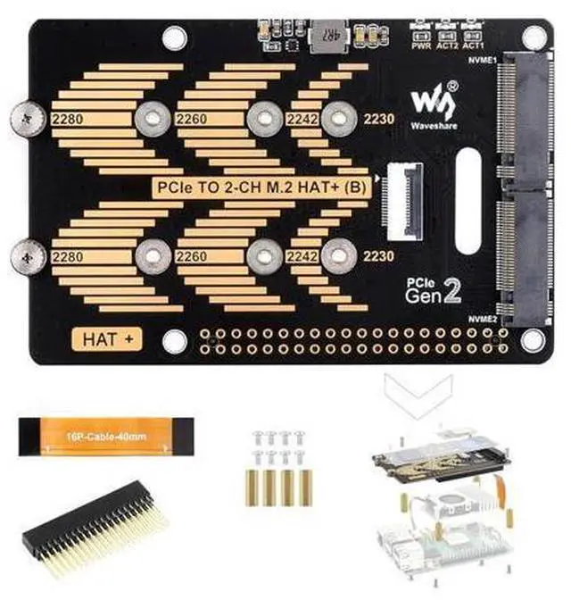 Main image of PCIe to 2-CH M.2 HAT Adapter for Raspberry Pi 5, 2-CH NVMe M.2 Solid State Drive Adapter Pi 5 NVMe HAT Support 2280/2260 / 2242/2230 Size NVMe M.2 SSD, 5Gbps Data Rate, High-Speed Reading/Writing
