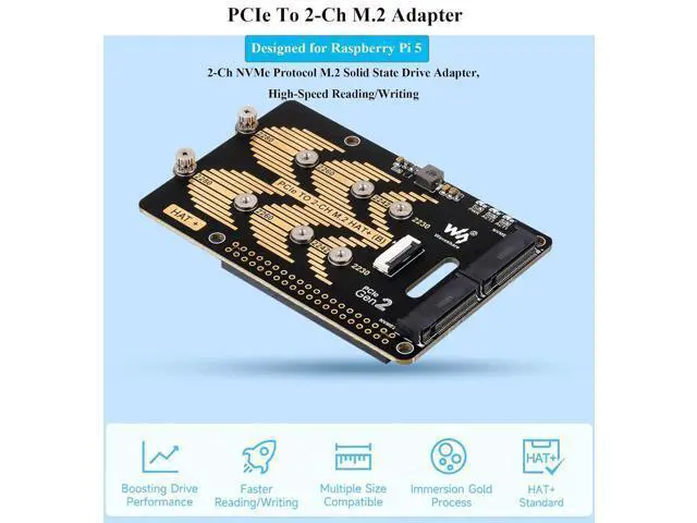 Alt view image 3 of 7 - PCIe to 2-CH M.2 HAT Adapter for Raspberry Pi 5, 2-CH NVMe M.2 Solid State Drive Adapter Pi 5 NVMe HAT Support 2280/2260 / 2242/2230 Size NVMe M.2 SSD, 5Gbps Data Rate, High-Speed Reading/Writing