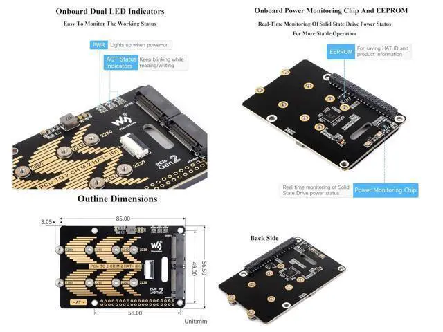 Alt view image 7 of 7 - PCIe to 2-CH M.2 HAT Adapter for Raspberry Pi 5, 2-CH NVMe M.2 Solid State Drive Adapter Pi 5 NVMe HAT Support 2280/2260 / 2242/2230 Size NVMe M.2 SSD, 5Gbps Data Rate, High-Speed Reading/Writing