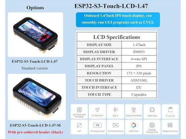 Alt view image 2 of 7 - ESP32-S3 1.47inch Touch Display Development Board, 172x320 Resolution IPS LCD, 262K Display Color, Support 2.4GHz W-F-i/BLE 5, 240MHz LX7 Dual-Core Processor, Type-C, Suitable for AIoT Applications