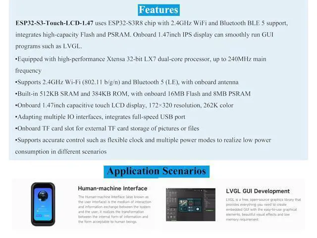 Alt view image 3 of 7 - ESP32-S3 1.47inch Touch Display Development Board, 172x320 Resolution IPS LCD, 262K Display Color, Support 2.4GHz W-F-i/BLE 5, 240MHz LX7 Dual-Core Processor, Type-C, Suitable for AIoT Applications