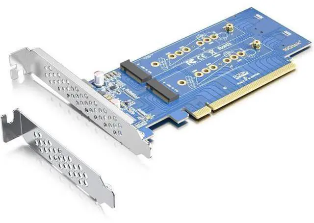 Main image of H!Fiber 4-Port M.2 NVMe Adapter M-Key, PCIe X16 Gen3. Requires Motherboard BIOS Support for Bifurcation, with Full Height and Low Profile Bracket