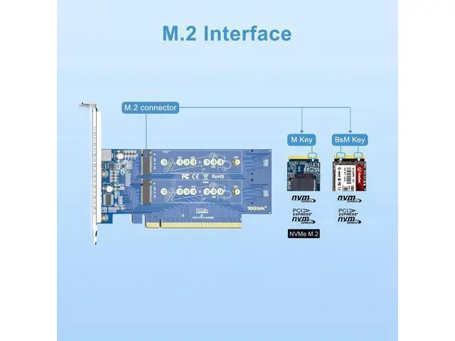 Alt view image 3 of 6 - H!Fiber 4-Port M.2 NVMe Adapter M-Key, PCIe X16 Gen3. Requires Motherboard BIOS Support for Bifurcation, with Full Height and Low Profile Bracket