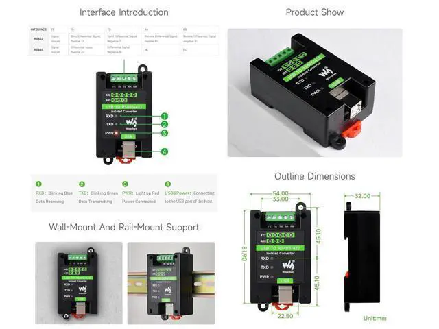 Alt view image 7 of 7 - USB to RS485/422 Industrial Grade Isolated Converter, Onboard Original FT232RL and SP485EEN, Multiple Protection, Wall-Mount and Rail-Mount Support