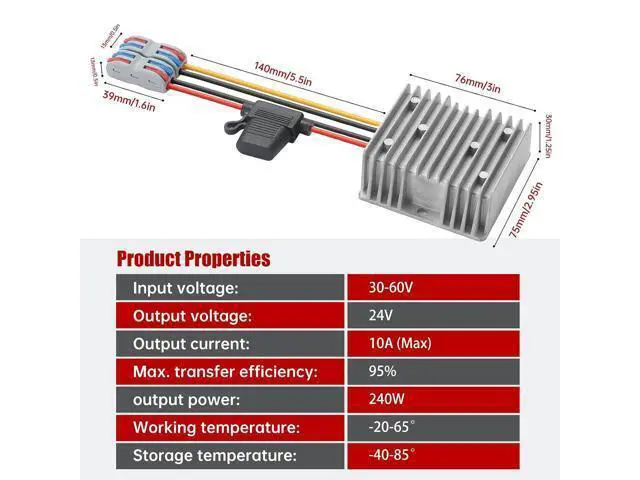 Alt view image 7 of 7 - 240W DC-DC Buck Converter, 30V-60V to 24V 10A, Waterproof Transformer for Truck/RV/Solar, Power Supply for CCTV Cameras, Overload and Short-Circuit Protection (IP67, 1 Year Warranty)