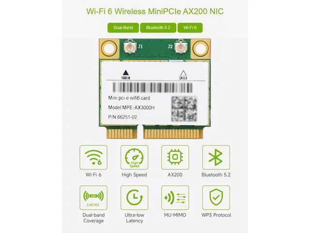 Alt view image 3 of 7 - Wireless MiniPCIe AX200 NIC, Gigabit Dual-Band Wi-Fi 6, 802.11AX Standard, Bluetooth 5.2, Supports Linux, Windows 10/11, etc