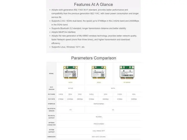 Alt view image 4 of 7 - Wireless MiniPCIe AX200 NIC, Gigabit Dual-Band Wi-Fi 6, 802.11AX Standard, Bluetooth 5.2, Supports Linux, Windows 10/11, etc