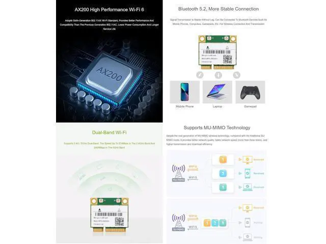 Alt view image 5 of 7 - Wireless MiniPCIe AX200 NIC, Gigabit Dual-Band Wi-Fi 6, 802.11AX Standard, Bluetooth 5.2, Supports Linux, Windows 10/11, etc