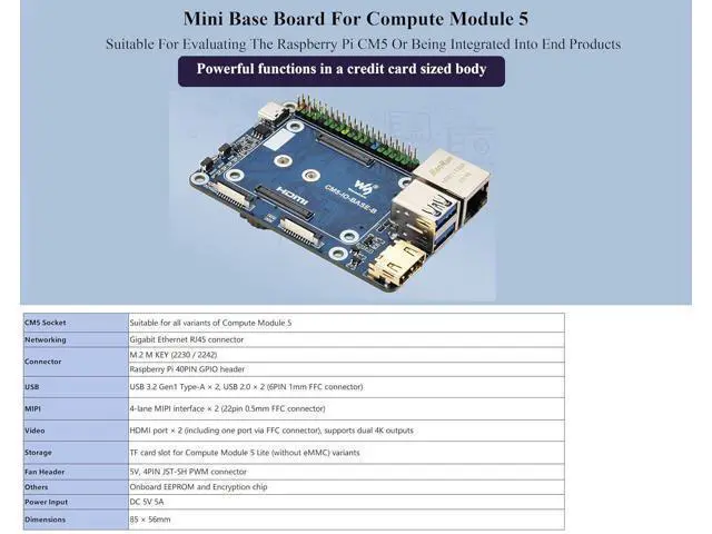 Alt view image 2 of 7 - Mini Base Board Compatible with Raspberry Pi Compute Module 5 Lite/eMMC Series, with Color-Coded 40PIN GPIO/M.2 M Key PCIe/MIPI/HDMI 4K/Gigabit ETH Interfaces,etc. Onboard EEPROM and Encryption Chip