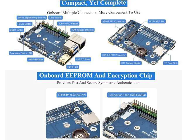 Alt view image 4 of 7 - Mini Base Board Compatible with Raspberry Pi Compute Module 5 Lite/eMMC Series, with Color-Coded 40PIN GPIO/M.2 M Key PCIe/MIPI/HDMI 4K/Gigabit ETH Interfaces,etc. Onboard EEPROM and Encryption Chip