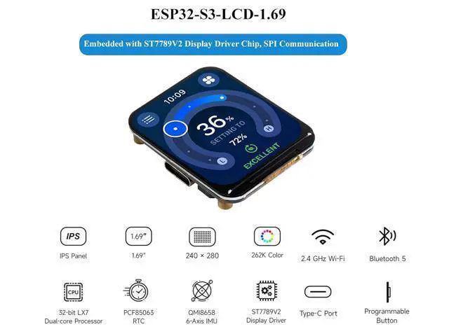 Alt view image 2 of 7 - ESP32-S3 Development Board with 1.69inch LCD IPS Display 240×280 Pixels 262K Color,USB Type-C Embedded ST7789V2 Display Driver, Accelerometer and Gyroscope Sensor, Support 2.4GHz W-i-F-i/Blue-too-th 5